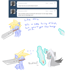 Size: 888x961 | Tagged: safe, artist:ask-the-fantasy-ponies, derpibooru import, ask, cloud strife, final fantasy, final fantasy vii, ponified, sephiroth, sword, tumblr, weapon