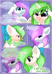 Size: 800x1132 | Tagged: safe, artist:alphadesu, oc, oc:minty root, oc:snow kicker, pegasus, pony, unicorn, comic:sisterly love, comic, female, lesbian