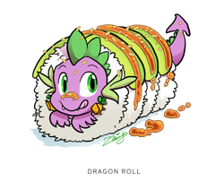 Size: 800x678 | Tagged: safe, artist:zhivagooo, derpibooru import, spike, dragon, avocado, cute, dragon roll, food, licking lips, pun, smiling, solo, spikabetes, sushi, sushi pony, tongue out, visual pun