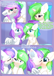 Size: 800x1132 | Tagged: safe, artist:alphadesu, oc, oc:minty root, oc:snow kicker, pegasus, pony, unicorn, comic:sisterly love, comic, female, kissing, lesbian