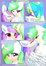 Size: 800x1131 | Tagged: safe, artist:alphadesu, oc, oc:minty root, oc:snow kicker, pegasus, pony, unicorn, comic:sisterly love, comic, female, kissing, lesbian