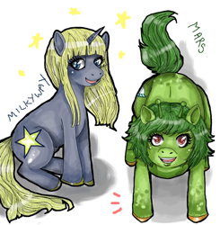 Size: 600x613 | Tagged: safe, artist:superlucky13, derpibooru import, earth pony, pony, unicorn, antennae, duo, female, mare, mars (milky way and the galaxy girls), milky way (milky way and the galaxy girls), milky way and the galaxy girls, ponified, unshorn fetlocks