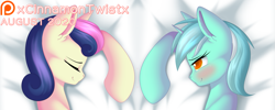 Size: 1181x472 | Tagged: safe, artist:xcinnamon-twistx, bon bon, lyra heartstrings, sweetie drops, bed, blushing, body pillow, body pillow design, couple, cute, dakimakura cover, design, eyes closed, happy, lying down, patreon, patreon exclusive, patreon link, patreon logo, pillow design, shipart, smiling, together