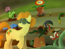 Size: 1600x1200 | Tagged: safe, artist:leafgrowth, derpibooru import, carrot top, golden harvest, earth pony, pony, crossover, female, fire flower, goggles, mare, paper mario, pikmin, piranha plant, plant, poison joke, super mario bros., the legend of zelda