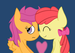 Size: 1280x912 | Tagged: safe, artist:mini-scootaloo, derpibooru import, apple bloom, scootaloo, female, lesbian, nuzzling, post-crusade, scootabloom, shipping