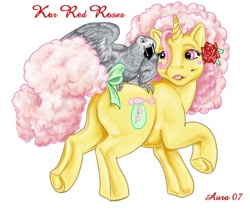 Size: 708x596 | Tagged: safe, bird, pony, unicorn, g1, cutie mark, female, flower, hooves, horn, mare, red roses, rose, solo, text, tongue out