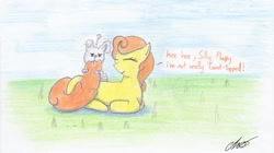 Size: 1500x839 | Tagged: safe, artist:moonlightscribe, derpibooru import, angel bunny, carrot top, golden harvest, rabbit, dialogue, nom, pet, solo, traditional art