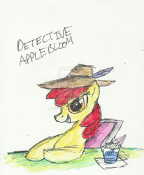 Size: 1024x1240 | Tagged: safe, artist:xx2wolffeather1xx, derpibooru import, apple bloom, detective, feather, glass, hat, solo, watermark