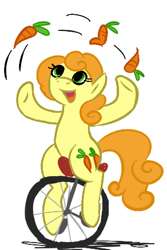 Size: 292x437 | Tagged: safe, artist:elslowmo, derpibooru import, carrot top, golden harvest, carrot, juggling, unicycle