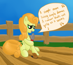 Size: 1722x1527 | Tagged: safe, artist:runbowdash, derpibooru import, carrot top, golden harvest, earth pony, pony, background pony, beyond her garden, female, garden, mare, music notes, song reference, speech bubble