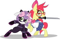 Size: 3578x2300 | Tagged: safe, artist:xebck, apple bloom, sweetie belle, alternate hairstyle, cat ears, catwoman, clothes, costume, glasses, katana, mask, mouth hold, sailor uniform, sailor v, simple background, superhero, sword, transparent background, vector, weapon