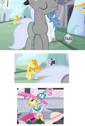 Size: 876x1303 | Tagged: safe, derpibooru import, screencap, caesar, carrot top, golden harvest, jet set, lyra heartstrings, orion, sea swirl, seafoam, shooting star (character), upper crust, season 3, the crystal empire, hub logo, image macro, implied infidelity, meme