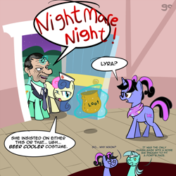 Size: 1000x1000 | Tagged: safe, artist:grilledcat, derpibooru import, bon bon, lyra heartstrings, sweetie drops, oc, oc:pixelkitties, human, american presidents, bag, clothes, costume, crossover, hat, magic, mask, necktie, richard nixon, speech bubble, telekinesis, wat