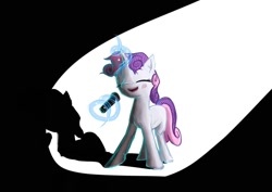 Size: 1024x725 | Tagged: safe, artist:sharpieboss, sweetie belle, g4, eyes closed, magic, microphone, shadow, simple background, singing, solo, spotlight, telekinesis