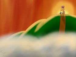 Size: 1600x1200 | Tagged: safe, artist:flashiest lightning, derpibooru import, scootaloo, pegasus, pony, cutie mark crusaders, danger, filly, hill, mountain, scooter, sunset