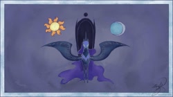 Size: 1200x673 | Tagged: safe, artist:kaizerin, derpibooru import, nightmare moon, moon, solo, sun