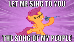 Size: 640x360 | Tagged: safe, scootaloo, pegasus, pony, female, image macro, singing, solo, song of my people