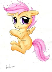 Size: 441x613 | Tagged: safe, artist:prettypinkpony, derpibooru import, scootaloo, pegasus, blushing, female, filly, orange coat, purple mane, solo