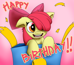 Size: 2294x2008 | Tagged: safe, artist:efrejok, derpibooru import, apple bloom, happy birthday, present