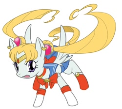 Size: 700x630 | Tagged: safe, artist:zukicure5gogo, derpibooru import, pegasus, pony, action pose, boots, choker, clothes, dress, ear piercing, female, jewelry, looking at you, mare, piercing, pigtails, ponified, sailor moon, sailor scout, serena tsukino, shoes, simple background, socks, solo, tiara, tsukino usagi, white background