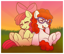 Size: 620x520 | Tagged: safe, apple bloom, twist, bitter sweets, duo, duo female, eyes closed, female, filly, glasses, smiling