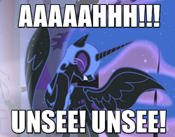 Size: 500x389 | Tagged: dead source, safe, derpibooru import, edit, edited screencap, screencap, nightmare moon, alicorn, pony, friendship is magic, cannot unsee, image macro, meme, solo, unsee