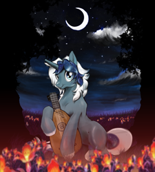 Size: 1500x1668 | Tagged: safe, artist:anightlypony, derpibooru import, oc, oc only, pony, unicorn, bard, colt, flower, forest, lute, male, moon, musical instrument, night, nightly, stars