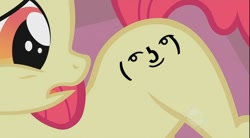 Size: 864x478 | Tagged: safe, derpibooru import, edit, edited screencap, screencap, apple bloom, earth pony, pony, female, filly, le lenny face, looking back, solo