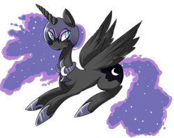 Size: 660x526 | Tagged: safe, artist:wowzie, derpibooru import, nightmare moon, alicorn, pony, black coat, female, horn, mare, solo, wings