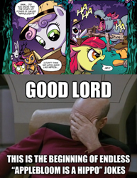 Size: 300x388 | Tagged: safe, derpibooru import, apple bloom, scootaloo, sweetie belle, hippopotamus, comic, cutie mark crusaders, facepalm, image macro, jean-luc picard