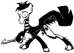 Size: 500x357 | Tagged: artist needed, source needed, safe, earth pony, pony, clothes, cloven hooves, johnny the homicidal maniac, jthm, male, monochrome, ponified, solo, stallion