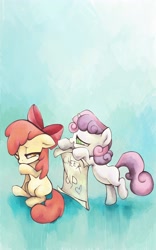 Size: 2500x4000 | Tagged: dead source, safe, artist:snufflin, derpibooru import, apple bloom, sweetie belle, earth pony, pony, unicorn, sad