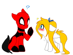 Size: 800x600 | Tagged: safe, artist:thamutt, oc, oc:frolic, blank flank, blushing, deadpool, deadpool is best pony, freckles, ponified, question mark