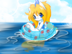 Size: 1024x768 | Tagged: safe, artist:thamutt, oc, oc only, oc:frolic, clothes, floating, floaty, freckles, solo, swimsuit, water