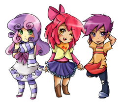 Size: 661x549 | Tagged: dead source, safe, artist:kimikinz, derpibooru import, apple bloom, scootaloo, sweetie belle, cutie mark crusaders, humanized