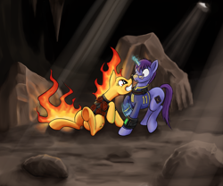 Size: 990x825 | Tagged: safe, artist:kalemon, derpibooru import, oc, oc only, oc:matchstick flare, oc:shimmercoat, fallout equestria, fallout equestria: morality of property, duo, eye contact, foe yay, glasses, grin, magic, mane of fire, raised hoof, sitting, smiling, underhoof, wide eyes