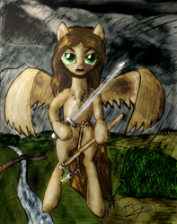 Size: 1024x1297 | Tagged: safe, artist:ksopies, derpibooru import, oc, oc only, axe, colored, self ponification, sword, traditional art