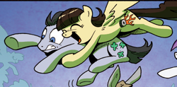 Size: 496x244 | Tagged: safe, artist:andypriceart, idw, lucky clover, wild fire, spoiler:comic, comic, cute, flying, happy, hug, luckyfire, official, official comic, scared, shipping, sibsy, wild fire gets lucky