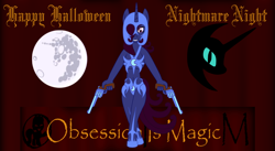 Size: 900x492 | Tagged: safe, artist:thelordofdust, derpibooru import, oc, oc only, oc:maneia, alicorn, anthro, full moon, gun, hoof shoes, mare in the moon, moon, obsession is magic, weapon