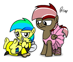 Size: 1024x870 | Tagged: safe, artist:petirep, derpibooru import, oc, oc only, oc:aurora, oc:aurora dawn, oc:orion comet, bee, pegasus, pony, animal costume, ballerina, bee costume, clothes, colt, costume, crossdressing, cute, dress, female, filly, frilly dress, leotard, male, mrs. buzzy, nightmare night, on back, petticoat, simple background, toast, transparent background, tutu, underhoof