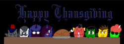 Size: 1024x365 | Tagged: safe, artist:thelordofdust, derpibooru import, oc, oc only, oc:maneia, bird, pony, cooked, dead, food, group, meat, obsession is magic, ponies eating meat, thanksgiving, turkey