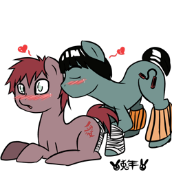 Size: 900x900 | Tagged: safe, artist:usagifriday, derpibooru import, blushing, eyes closed, gaara, gay, heart, male, naruto, ponified, rock lee, simple background, transparent background