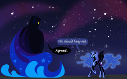 Size: 1600x1000 | Tagged: safe, artist:anarchemitis, derpibooru import, nightmare moon, alicorn, pony, crossover, cucumber quest, duo, ethereal mane, female, hoof shoes, mare, nightmare knight, similarities, space, speech bubble, starry backdrop, starry mane, xk-class end-of-the-world scenario