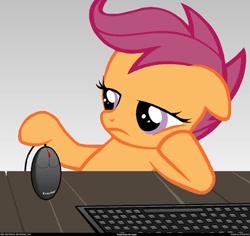 Size: 500x471 | Tagged: safe, scootaloo, pegasus, computer mouse, female, filly, keyboard, orange coat, purple mane, solo