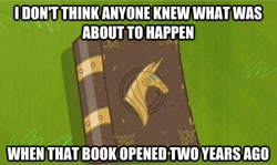 Size: 624x373 | Tagged: safe, derpibooru import, anniversary, book, happy birthday mlp:fim, image macro, mlp fim's second anniversary