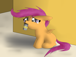 Size: 900x675 | Tagged: safe, artist:idsmehlite, derpibooru import, scootaloo, begging, homeless, orphan, sad