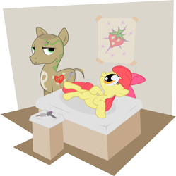 Size: 1684x1688 | Tagged: safe, artist:mafon, derpibooru import, apple bloom, oc, earth pony, pony, bald, blank flank, bow, dock, duo, duo male and female, female, filly, foal, hair bow, male, shaved tail, smiling, stallion, tattoo, tattoo artist