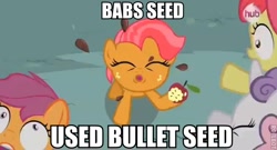 Size: 568x307 | Tagged: safe, edit, edited screencap, screencap, apple bloom, babs seed, scootaloo, sweetie belle, earth pony, pony, unicorn, one bad apple, apple, caption, female, filly, food, image macro, pokémon, spit, wide eyes