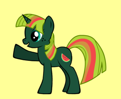 Size: 506x414 | Tagged: safe, oc, oc only, food pony, original species, pony, unicorn, pony creator, female, freckles, mare, pointing, solo, watermelon