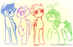 Size: 500x324 | Tagged: safe, artist:mylittlehomestuck, derpibooru import, dave strider, homestuck, jade harley, john egbert, ponified, rose lalonde